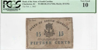 1863 SOUTH CAROLINA Charleston, 15 Cents State Civil War Banknote Currency, PCGS - Image 1 of 4