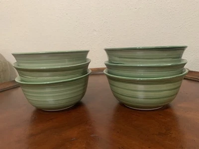 Tabletops Unlimited Swirl Handpainted Green Coupe Soup Cereal Bowl 6.5" Set Of 6 - Image 1 of 4