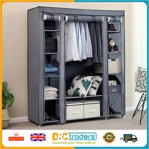 Practical Fabric Canvas Wardrobe Hanging Rail Shelving Clothes Storage Cupboard - Picture 1 of 19