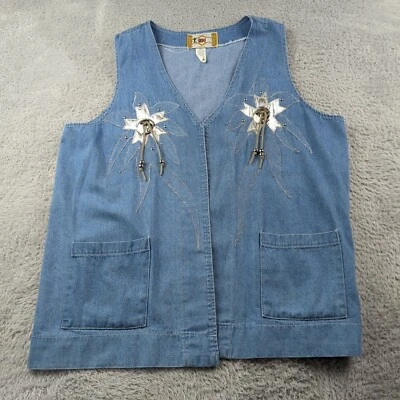 Vintage Cactus California Vest Womens XL Blue Denim Bolo Palm Trees Boho Pocket - Image 1 of 4