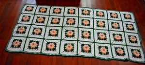Vintage Crochet Afghan Blanket 3D Rose Throw Handmade Granny Square Pink 76 x 38 - Picture 1 of 8