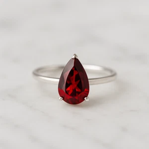925 Anillo Plata de Ley Natural Granate Corte Pera Statemet Mujeres Sizeal - Imagen 1 de 10