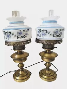 2 Quoizel Abigail Adams 19 1/2" Milk Glass Shade Blue Floral Pattern Brass Lamp - Picture 1 of 16