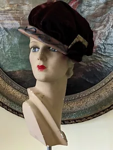 ANTIQUE VELVET FELT HAT W/ BUCKLE CORDING LABELED - Picture 1 of 9