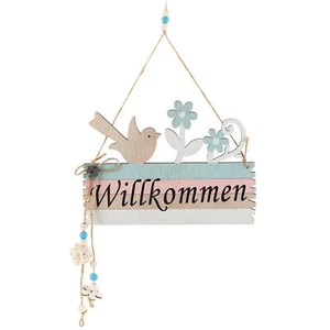 Türschild "Willkommen" - Deko-Schild Frühling aus Holz mit Kordel zum Aufhängen - Bild 1 von 7