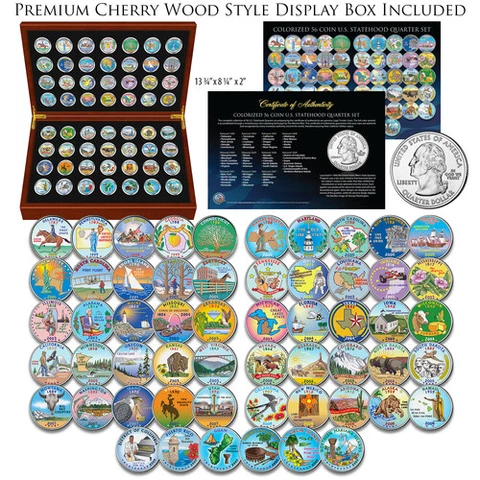 1999-2009 Complete COLORIZED State Quarters 56-Coin Set in Cherry Wood Style Box Cover