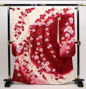 Japanese kimono SILK FURISODE Partial Embroidery Cherry Blossoms Petals Red - Picture 1 of 4