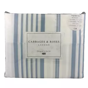 Cabbages & Roses KING Jolly Streifen Laken Set Luxus Baumwolle Perkal Blau Weiß - Bild 1 von 16