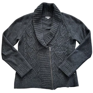 EDDIE BAUER Zip Cardigan Sweater Size LARGE Gray Chunky Cable Knit Collar - Picture 1 of 11
