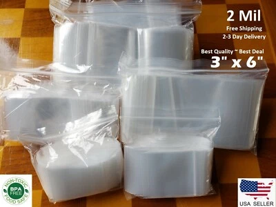 3"x 6" CLEAR 2 MIL ZIP SEAL BAGS PLASTIC RECLOSABLE TOP LOCK SMALL MINI BAGGIES - Image 1 of 4