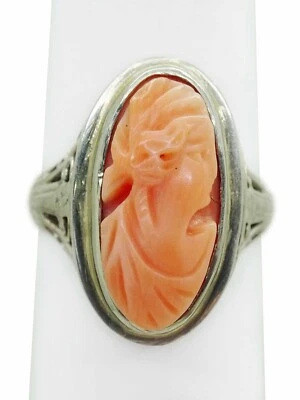 Anillo Filigrana Camafeo Coral Salmón Oro Blanco 18k Talla 5.75 Foto 1 de 4