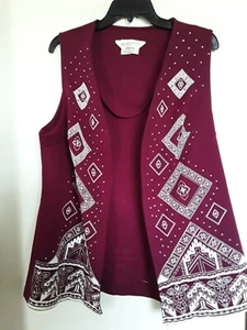 Gilet vintage JC Penny bordeaux bianco stampe - aperto davanti - taglia MW - Foto 1 di 4