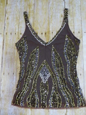 Top Hannah Jo Sin Mangas Verde Marrón Cuello en V Lentejuelas Tul India Boho XS Foto 1 de 4