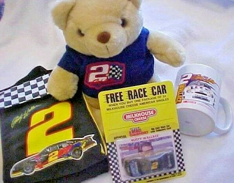 NASCAR #2  RUSTY WALLACE  Lunch Bag + Mug + Die Cast Car and Card + Plush Bear Cover