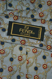 Vintage FENDI Silver Gray w/Gold Floral Links Silk Tie Italy - Picture 1 of 3