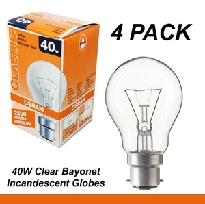 4 x 40W Incandescent Light Globes Bulbs B22 Bayonet Warm White Dimmable Clear - Picture 1 of 2