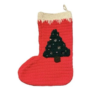 Medias de Navidad rojas ganchillo árbol de Navidad vintage 14” cuentas de lentejuelas largas - Imagen 1 de 10