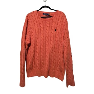 Polo Ralph Lauren Cable Knit Sweater Mens LG Orange Crew 100% Cotton Pony Preppy - Picture 1 of 13