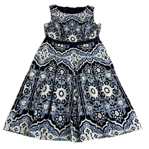 Talbots A-Line Dress Petite's 4 Blue White Mandala Print Boat Neck Lined Career - Picture 1 of 5