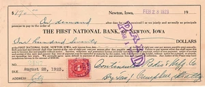Primer cheque del Banco Nacional de Newton 1923 con sello de documento de 4 centavos - Imagen 1 de 1
