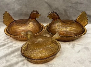 Lot Of 3 Vintage Amber Hens & Bird On Nest Candy Dish Bowl MCM Indiana Glass Co - Picture 1 of 17