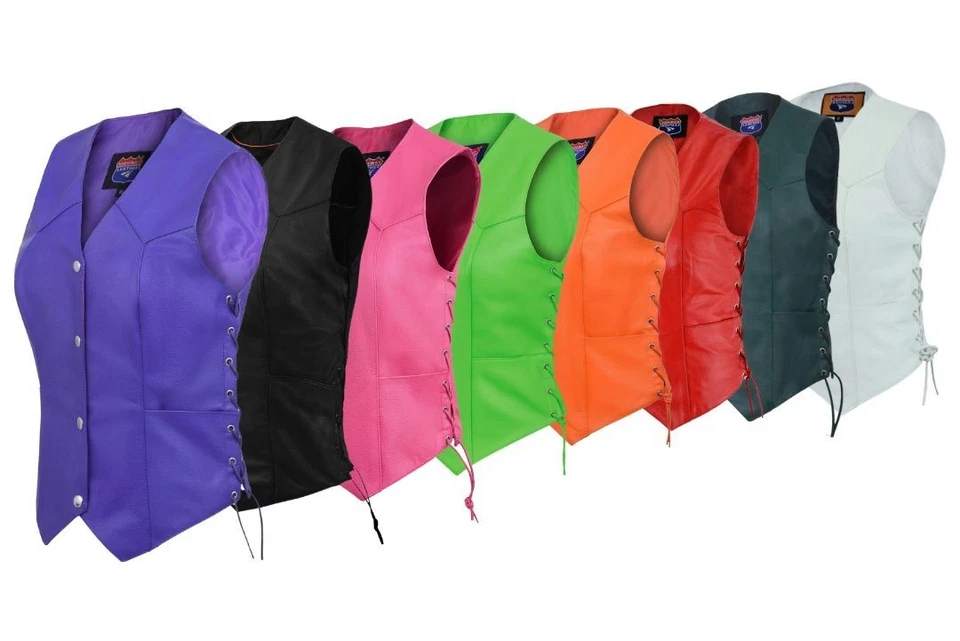 Womens Biker Classic Genuine Cowhide Leather Motorcycle Vest Side Lace - Image 1 of 1