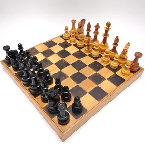 Large Vintage Chess Wooden Set Solid Wood Pieces Felt Lined Foalding Board - Picture 1 of 16