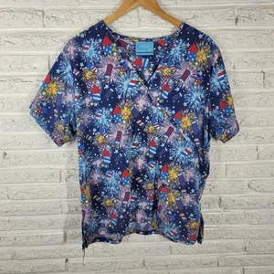 Fourth of July Scrubs Co Unisex Scrub Top XL Patriotic Blue Red Medical Vet Tech - Picture 1 of 8