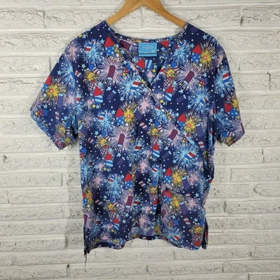 Fourth of July Scrubs Co Unisex Scrub Top XL Patriotic Blue Red Medical Vet Tech - Image 1 of 4