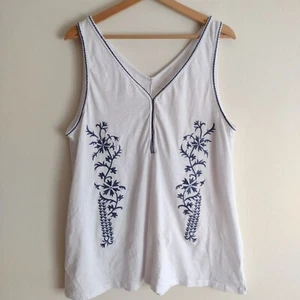 Garnet Hill Embroidered Tank Top XL Navy on White Relaxed Fit Cotton Shirt - Foto 1 di 8