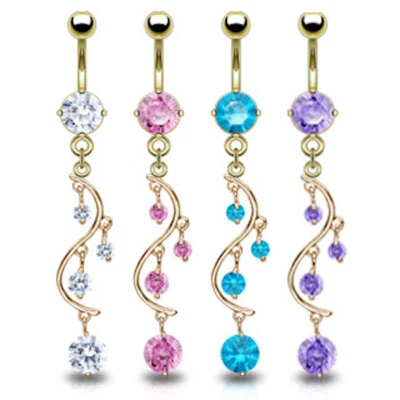 CZ vine Dangle Navel Belly Ring 14k Gold Plated Over Surgical Steel (B/1/7/196) - Image 1 of 3