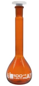 Eisco 100ml Amber Volumetric Flask with 14/23 Polypropylene Stopper, Class A - Picture 1 of 1