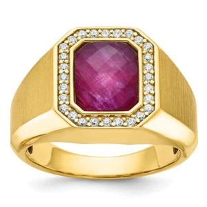 14K Solid Yellow Gold Mens Ruby Stone Diamond Ring - Picture 1 of 100