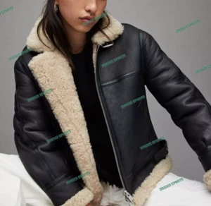 Women's Real Shearling Aviator Moto Jacket Thick Lined Winter Bomber flying fur - Picture 1 of 9