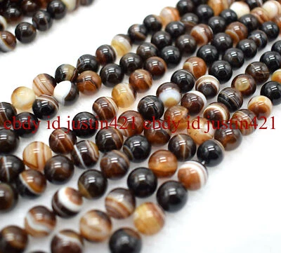 Nuevas cuentas sueltas redondas de ágata a rayas marrones de 6/8/10 mm de 15 pulgadas  Foto 1 de 4