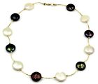 Freshwater White & Black 12 mm Coin Pearl Necklace,14k Yellow Gold Twisted Bars