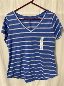 Women's Sonoma The Everyday Tee V-Neck Size 0X Blue Stripe - Picture 1 of 3