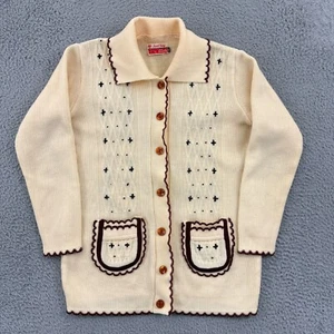 Vintage Jewel King Sweater Womens 38 Beige Long Sleeve Embroidered 60s Cardigan - Picture 1 of 11