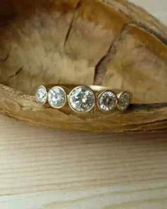 3Ct Round Moissanite 5 Stone Bezel-Set Engagement Ring 14k Yellow Gold Plated - Picture 1 of 7