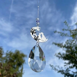 New Hanging 3D Cat and Moon Sun Catcher with Large Glass Crystal Drop Gift Idea - Picture 1 of 6