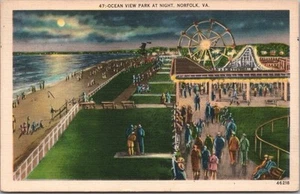 1951 NORFOLK, Virginia LEINEN Postkarte "OCEAN VIEW PARK AT NIGHT" Vergnügungspark - Bild 1 von 2