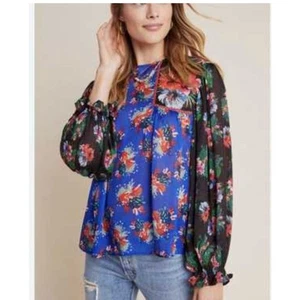 Blusa Campesina Anthropologie Bl^nk London Miranda Azul Floral XL - Imagen 1 de 4