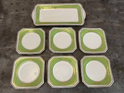 Vintage Duchess Bone China Sandwich Tray with 6 x Side Plates Green & Gold VGC - Image 1 of 4