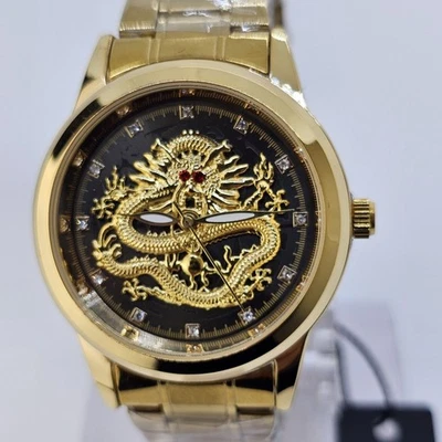 40MM Men's Watch Golden Dragon Black Dial Gold Bracelet Band Luminous Wristwatch - Image 1 of 4