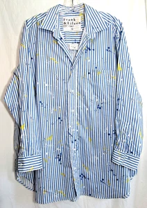 Camisa Frank & Eileen Mackenzie Azul Rayas Pintura Salpicaduras Cuello en V OS USADA EN EXCELENTE ESTADO - Imagen 1 de 4