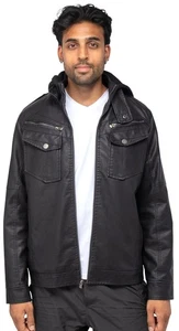 NWT X RAY Black Leather PU Grainy Hooded Jacket Faux Shearling Lining  Pocket XL - Picture 1 of 9