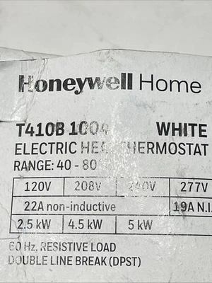 HoneyWell 1 Heat Electric Thermostat 40 to 80 deg F 120/208/240/277 Volt AC - Image 1 of 2