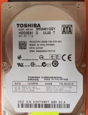 ⭐️⭐️⭐️⭐️⭐️ HDD Hard Drive SATA Laptop 2.5" Toshiba MK6461GSY 640GB J7C91 - Image 1 of 3