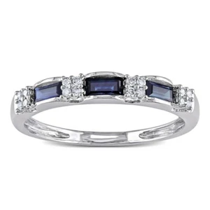 1.15 Ct Baguette Blue Sapphire Wedding Band Half Eternity 14K White Gold Finish - Picture 1 of 7