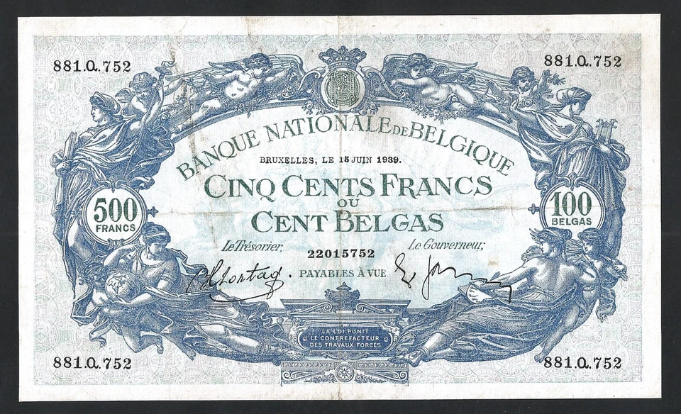 Belgium 500 Francs 100 Belgas 1939, VF+, P-109a - Image 1 of 4